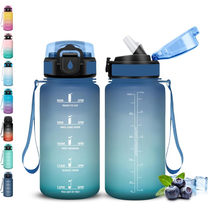 Grsta Gourde Enfant- 500ml- Gourde avec Paille, Facile à Transporter, Gourdes Motivation avec Marqueur de Temps, Bouteille Sport