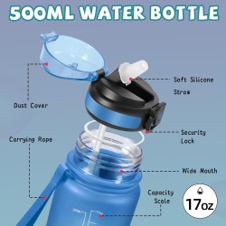 Grsta Gourde Enfant- 500ml- Gourde avec Paille, Facile à Transporter, Gourdes Motivation avec Marqueur de Temps, Bouteille Sport
