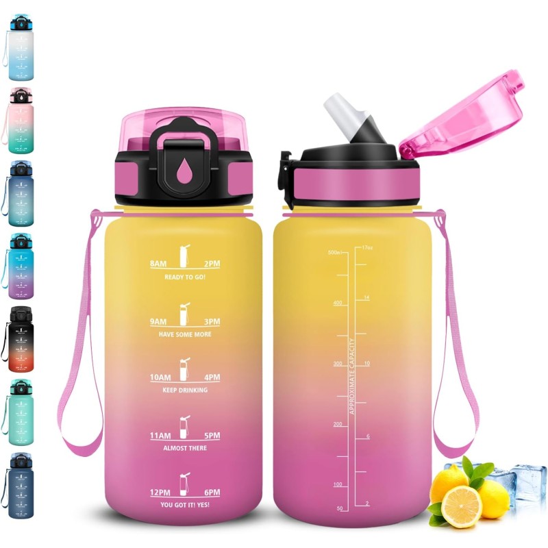 Gourde, 500ml Gourde Enfant, Gourdes Paille anti Fuite, Gourdes Motivation avec Marqueur de Temps, Gourd Reutilisable, Facile à 