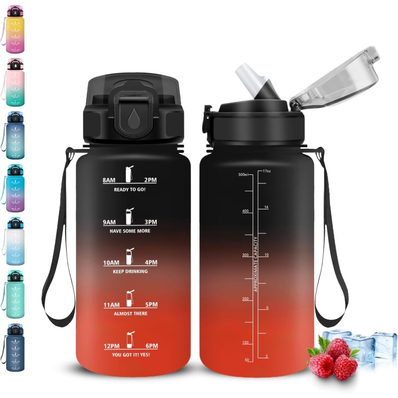 Gourde- 500ml- Gourde Enfant, Gourdes Paille anti Fuite, Gourdes Graduée pour 1 Journee, avec Marqueur de Temps, Gourd Motivatio