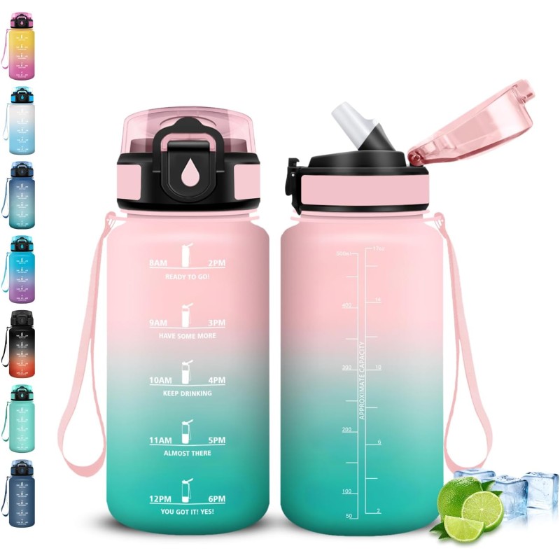 Gourde Enfant, Gourde 500ml avec Paille, Gourdes Motivation, avec Slogan de Motivation, Gourdes Heure anti Fuite, Facile à Netto