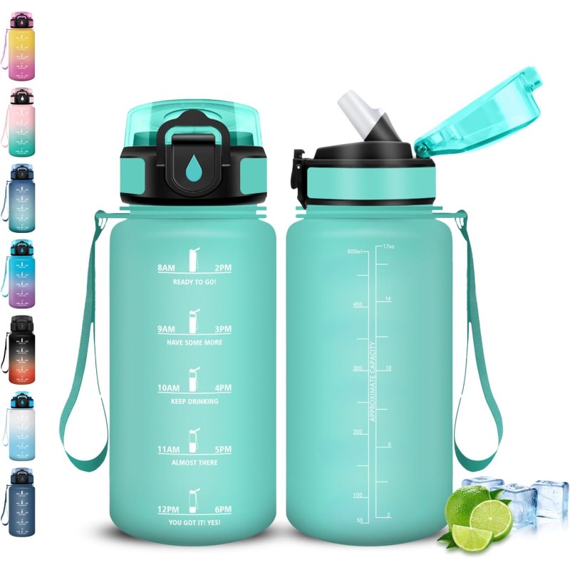Gourde, 500ml Gourde Enfant, Gourdes Paille Anti-Fuite, Gourdes Graduée, Facile à Nettoyer, Gourd Graduée avec Slogan de Motivat