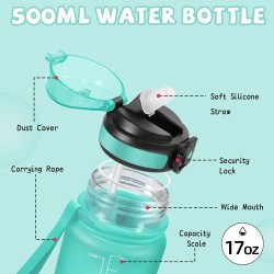 Gourde, 500ml Gourde Enfant, Gourdes Paille Anti-Fuite, Gourdes Graduée, Facile à Nettoyer, Gourd Graduée avec Slogan de Motivat
