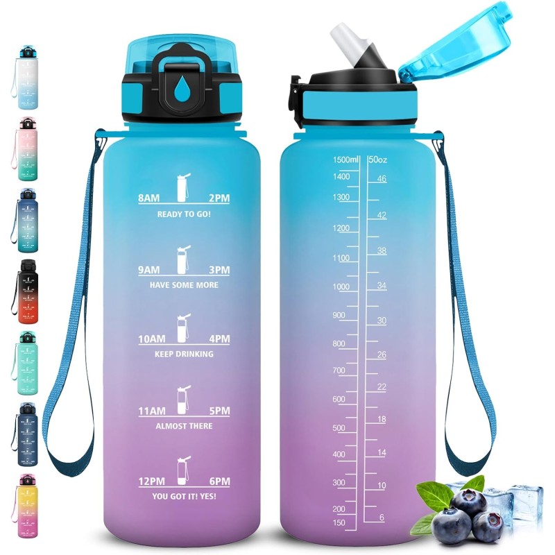 Gourde 1,5L, Gourde Sport Anti-Fuite, Gourdes avec Paille, Facile à Nettoyer, Gourdes Reutilisable avec Slogan de Motivation, Bo