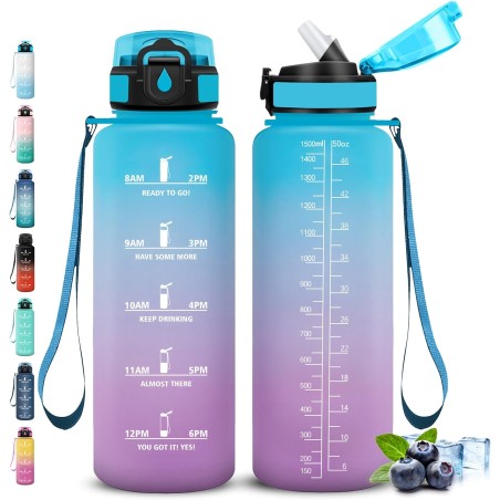Gourde 1,5L, Gourde Sport Anti-Fuite, Gourdes avec Paille, Facile à Nettoyer, Gourdes Reutilisable avec Slogan de Motivation, Bo
