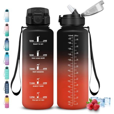 Grsta Gourde 1.5L, Gourde Sport Anti-Fuite, Gourdes Paille pour Randonnée, Gourdes Motivation avec Marqueur de Temps, Gourd Réut