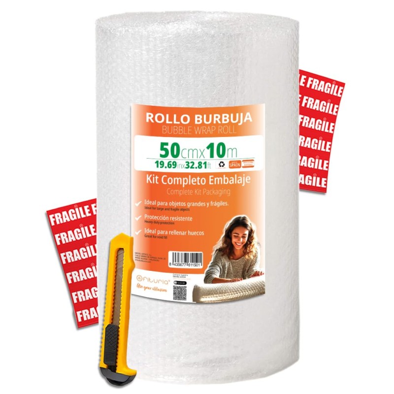 OFITURIA Papier Bulles Emballage 50cm x 10m – Kit Complet avec Cutter + 12 Étiquettes “FRAGILE” – kit déménagement complet, papi
