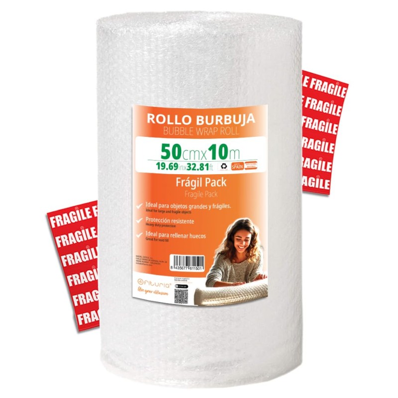 OFITURIA Papier Bulles Emballage 50cm x 10m – Pack Fragile avec 12 Étiquettes “FRAGILE” – idéal pour emballage colis, papier bul