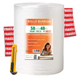 OFITURIA Papier Bulles Emballage 50cm x 40m – Kit Complet avec Cutter + 12 Étiquettes “FRAGILE” – kit déménagement complet, papi