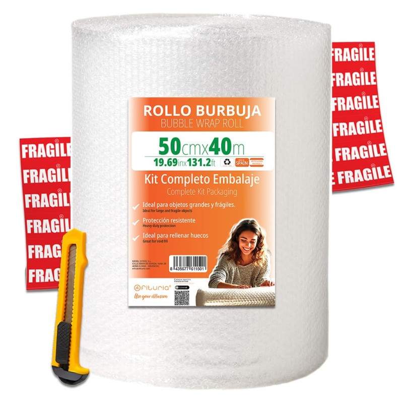 OFITURIA Papier Bulles Emballage 50cm x 40m – Kit Complet avec Cutter + 12 Étiquettes “FRAGILE” – kit déménagement complet, papi