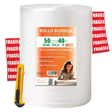 OFITURIA Papier Bulles Emballage 50cm x 40m – Kit Complet avec Cutter + 12 Étiquettes “FRAGILE” – kit déménagement complet, papi