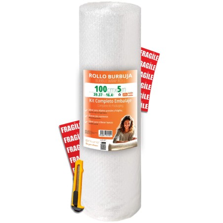 OFITURIA Papier Bulles Emballage 100cm x 5m – Kit Complet avec Cutter + 12 Étiquettes “FRAGILE” – kit déménagement complet, papi