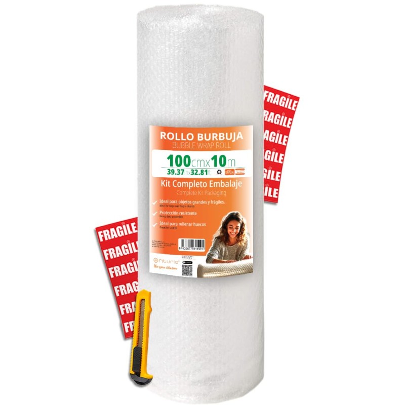 OFITURIA Papier Bulles Emballage 100cm x 10m – Kit Complet avec Cutter + 12 Étiquettes “FRAGILE” – kit déménagement complet, pap