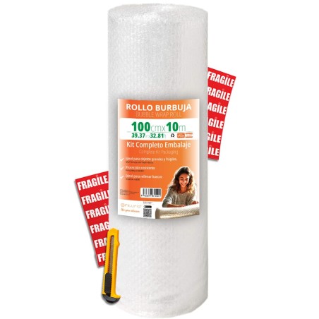 OFITURIA Papier Bulles Emballage 100cm x 10m – Kit Complet avec Cutter + 12 Étiquettes “FRAGILE” – kit déménagement complet, pap