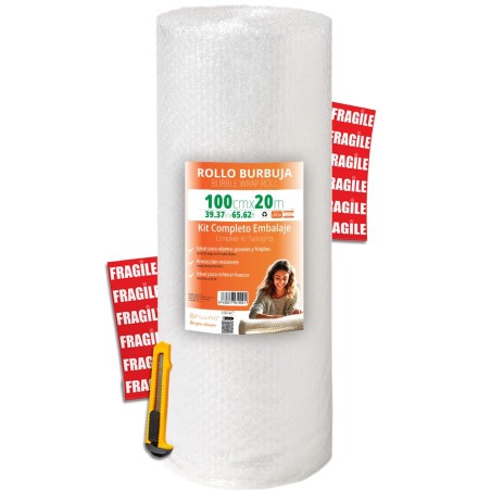 OFITURIA Papier Bulles Emballage 100cm x 20m – Kit Complet avec Cutter + 12 Étiquettes “FRAGILE” – kit déménagement complet, pap