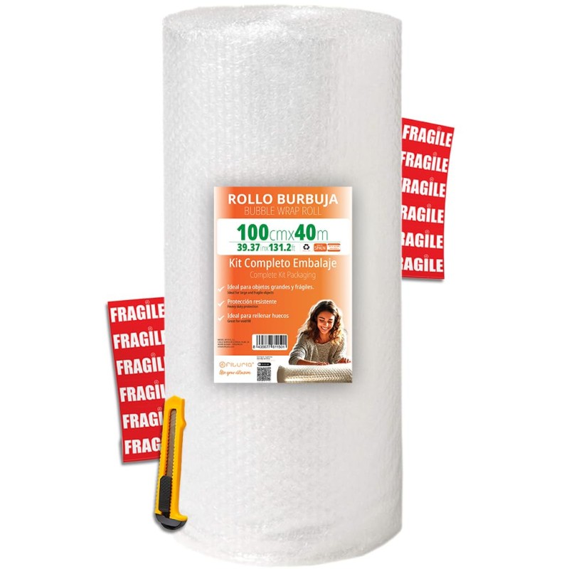 OFITURIA Papier Bulles Emballage 100cm x 40m – Kit Complet avec Cutter + 12 Étiquettes “FRAGILE” – kit déménagement complet, pap