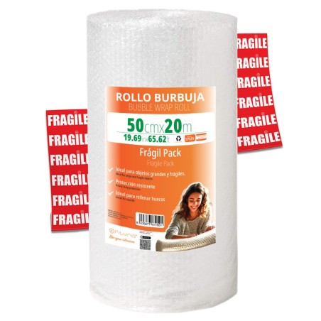 OFITURIA Papier Bulles Emballage 50cm x 20m – Pack Fragile avec 12 Étiquettes “FRAGILE” – idéal pour emballage colis, papier bul