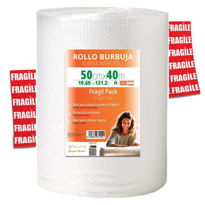OFITURIA Papier Bulles Emballage 50cm x 40m – Pack Fragile avec 12 Étiquettes “FRAGILE” – idéal pour emballage colis, papier bul