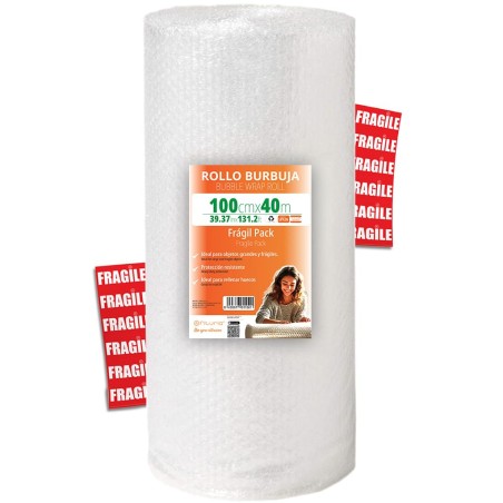 OFITURIA Papier Bulles Emballage 100cm x 40m – Pack Fragile avec 12 Étiquettes “FRAGILE” – idéal pour emballage colis, papier bu