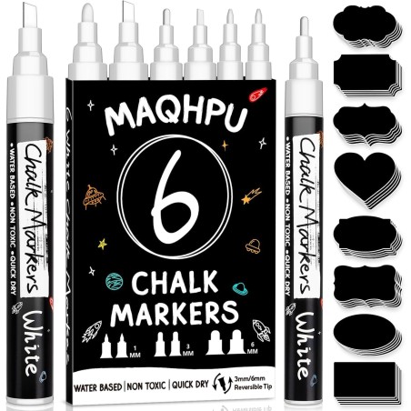 craie pour tableau noir, Lot de 6 feutre craie blanche pour fenêtres et tableaux noirs et 45 étiquettes, Marqueur scraie effacab