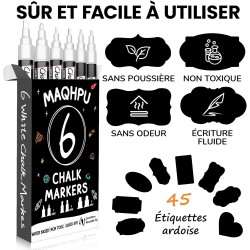 craie pour tableau noir, Lot de 6 feutre craie blanche pour fenêtres et tableaux noirs et 45 étiquettes, Marqueur scraie effacab