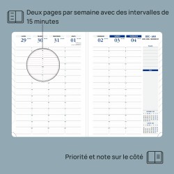 POPRUN Agenda 2026 Semainier A4 Grand Format 29,7 x 21 cm en Français - Couverture Souple en PU Cuir, Intervalles de 15 minutes,