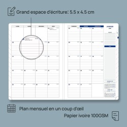 POPRUN Agenda 2026 Semainier A4 Grand Format 29,7 x 21 cm en Français - Couverture Souple en PU Cuir, Intervalles de 15 minutes,