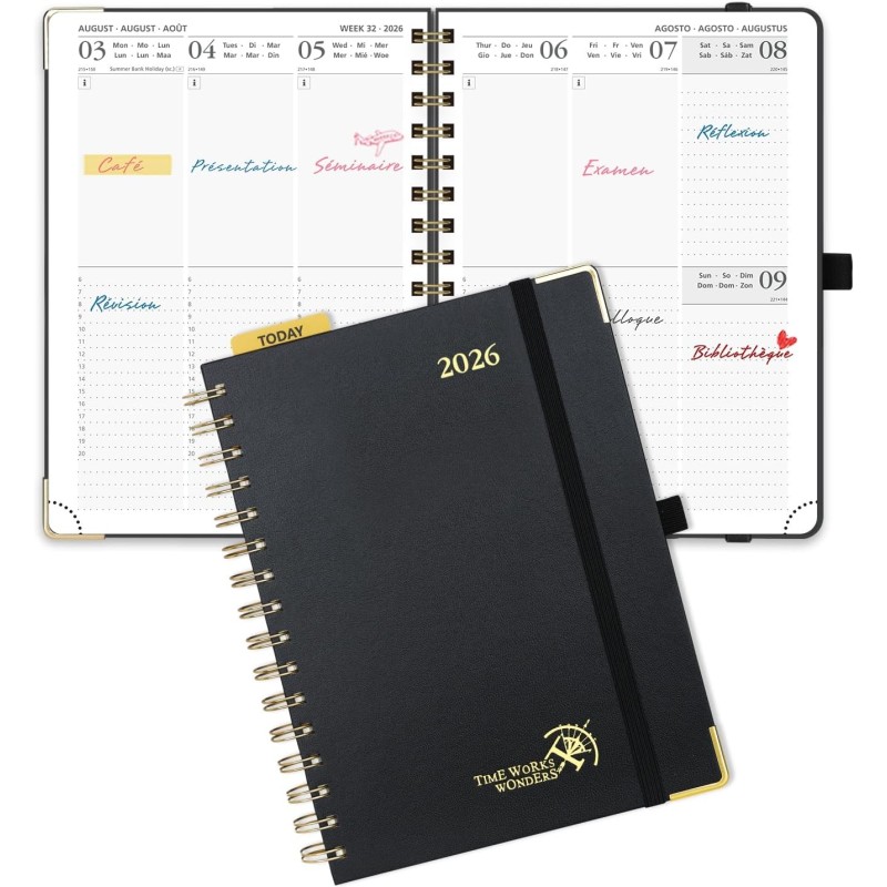 POPRUN Agenda 2026 Semainier 21 x 16,5 cm - Couverture Rigide Spirale, Vertical A5 Weekly Planner, D'Jan 2026 à Déc 2026-12 Mois