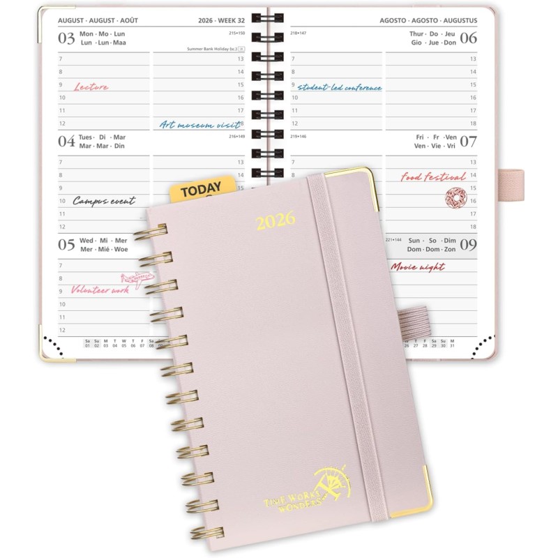 POPRUN Agenda de Poche 2026 A6 Semainier 16 x 10,5 cm - Couverture Rigide Spirale, Petit Agenda, D'Jan 2026 à Déc 2026-12 Mois, 