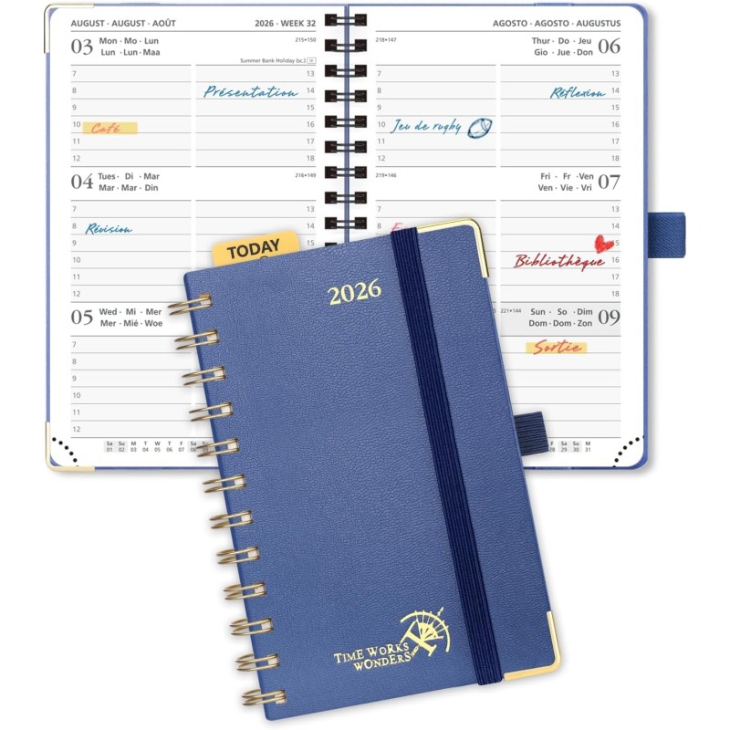 POPRUN Agenda de Poche 2026 A6 Semainier 16 x 10,5 cm - Couverture Rigide Spirale, Petit Agenda, D'Jan 2026 à Déc 2026-12 Mois, 