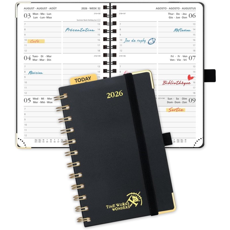 POPRUN Agenda de Poche 2026 A6 Semainier 16 x 10,5 cm - Couverture Rigide Spirale, Petit Agenda, D'Jan 2026 à Déc 2026-12 Mois, 
