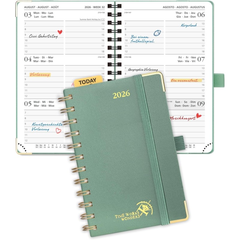 POPRUN Agenda de Poche 2026 A6 Semainier 16 x 10,5 cm - Couverture Rigide Spirale, Petit Agenda, D'Jan 2026 à Déc 2026-12 Mois, 