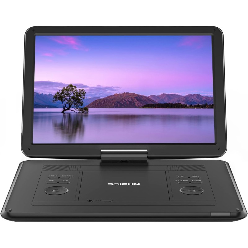 Lecteur DVD Portable 17,5" avec Grand écran HD 15,6", Batterie Rechargeable 6 Heures, Prise en Charge USB/Carte SD/synchronisati