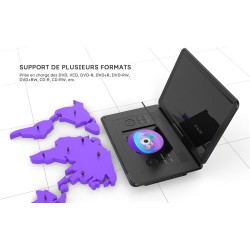 Lecteur DVD Portable 17,5" avec Grand écran HD 15,6", Batterie Rechargeable 6 Heures, Prise en Charge USB/Carte SD/synchronisati