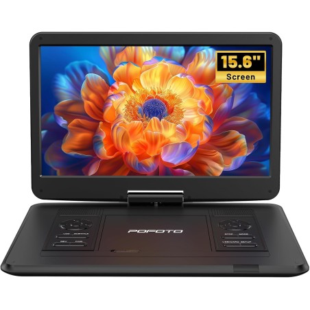 Lecteur DVD Portable 17,5'' avec Écran Pvotant HD 15,6", 6h Autonomie, Compatible Multiformat Disques/SD/USB, sans Région, Mémoi