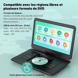 Lecteur DVD Portable 17,5'' avec Écran Pvotant HD 15,6", 6h Autonomie, Compatible Multiformat Disques/SD/USB, sans Région, Mémoi