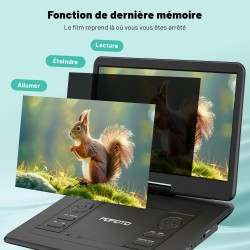 Lecteur DVD Portable 17,5'' avec Écran Pvotant HD 15,6", 6h Autonomie, Compatible Multiformat Disques/SD/USB, sans Région, Mémoi