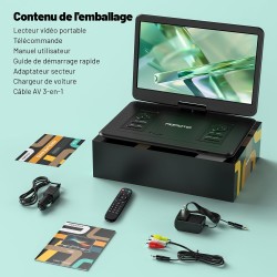 Lecteur DVD Portable 17,5'' avec Écran Pvotant HD 15,6", 6h Autonomie, Compatible Multiformat Disques/SD/USB, sans Région, Mémoi