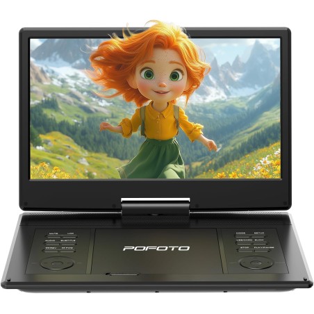 Lecteur DVD Portable 15,7" avec Écran Pvotant HD 14,1", 6h Autonomie, Compatible Multiformat Disques/SD/USB, sans Région, Mémoir