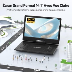 Lecteur DVD Portable 15,7" avec Écran Pvotant HD 14,1", 6h Autonomie, Compatible Multiformat Disques/SD/USB, sans Région, Mémoir