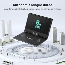 Lecteur DVD Portable 15,7" avec Écran Pvotant HD 14,1", 6h Autonomie, Compatible Multiformat Disques/SD/USB, sans Région, Mémoir