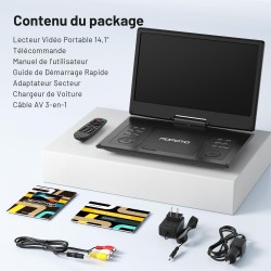 Lecteur DVD Portable 15,7" avec Écran Pvotant HD 14,1", 6h Autonomie, Compatible Multiformat Disques/SD/USB, sans Région, Mémoir