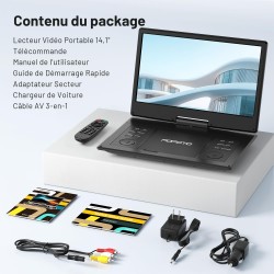 Lecteur DVD Portable 15,7" avec Écran Pvotant HD 14,1", 6h Autonomie, Compatible Multiformat Disques/SD/USB, sans Région, Mémoir