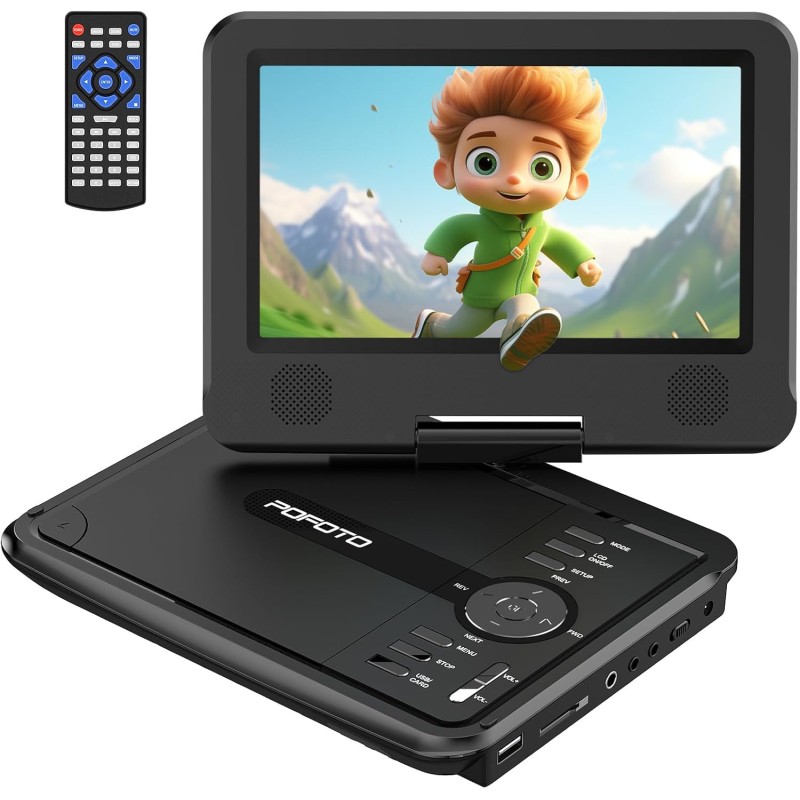 Lecteur DVD Portable 9,5" avec écran pivotant HD 7,5" pour Voiture et Enfants, Autonomie 4-6 Heures, Support Multiformat Disques