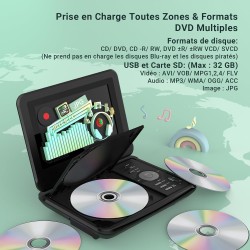 Lecteur DVD Portable 9,5" avec écran pivotant HD 7,5" pour Voiture et Enfants, Autonomie 4-6 Heures, Support Multiformat Disques