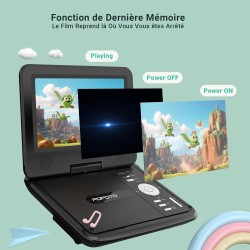 Lecteur DVD Portable 9,5" avec écran pivotant HD 7,5" pour Voiture et Enfants, Autonomie 4-6 Heures, Support Multiformat Disques