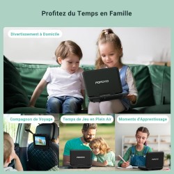 Lecteur DVD Portable 9,5" avec écran pivotant HD 7,5" pour Voiture et Enfants, Autonomie 4-6 Heures, Support Multiformat Disques
