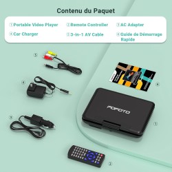 Lecteur DVD Portable 9,5" avec écran pivotant HD 7,5" pour Voiture et Enfants, Autonomie 4-6 Heures, Support Multiformat Disques