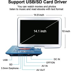 YOOHOO Lecteurs DVD Portables 16,9" avec Grand écran LCD pivotant de 14,1" Lecteurs DVD de Voyage pour Enfants Adaptateur de Voi