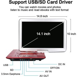YOOHOO Lecteurs DVD Portables 16,9" avec Grand écran LCD pivotant de 14,1" Lecteurs DVD de Voyage pour Enfants Adaptateur de Voi